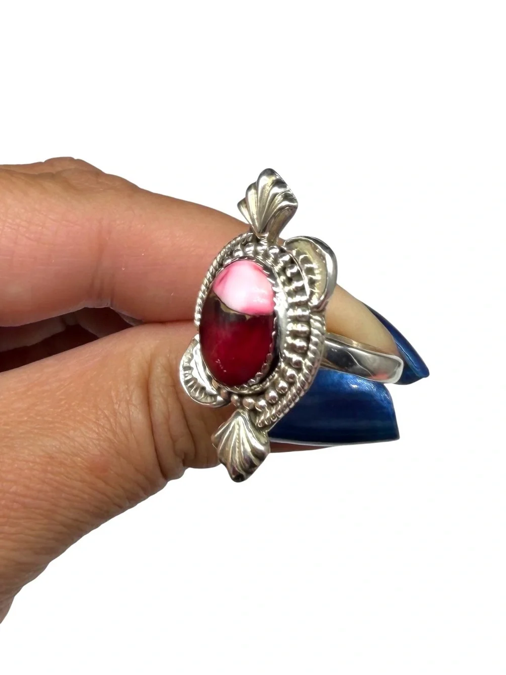 Kingman Red Rose Dahlia Turquoise Ring Adjustable Size 7 - 9 925 Sterling Silver